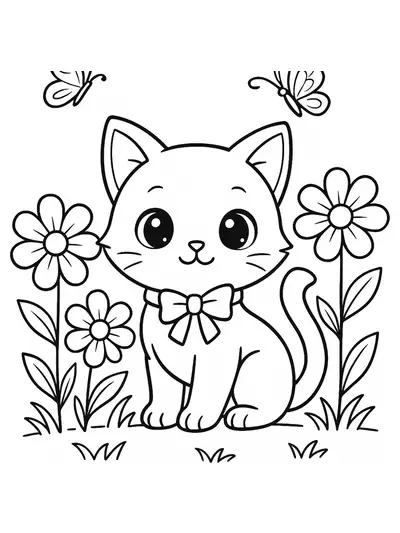 Anime-style cat sitting in a garden surrounded by flowers and butterflies, with simple outlines