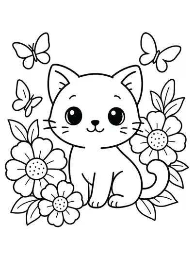 Easy outline of an anime cat sitting among big flowers and butterflies in a garden, designed for preschoolers.