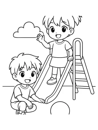 Simple line art of two anime children on a playground slide with big smiles, perfect for preschool coloring.