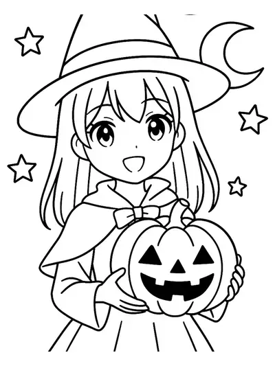 Anime girl with a witch hat and pumpkin, surrounded by stars and a moon, simple outlines