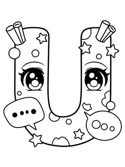 Letter U with anime-style eyes, stars, and speech bubbles, simple and easy to color.