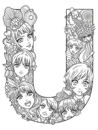 Letter U integrated with anime-style eyes, hair, expressive faces, and complex manga effects for teens to color.