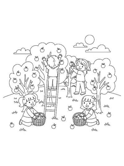 Children picking apples in a tree orchard with baskets and falling leaves