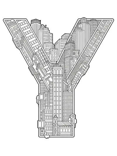 The letter Y composed of detailed cityscape and architecture elements, black and white lines for adult coloring.