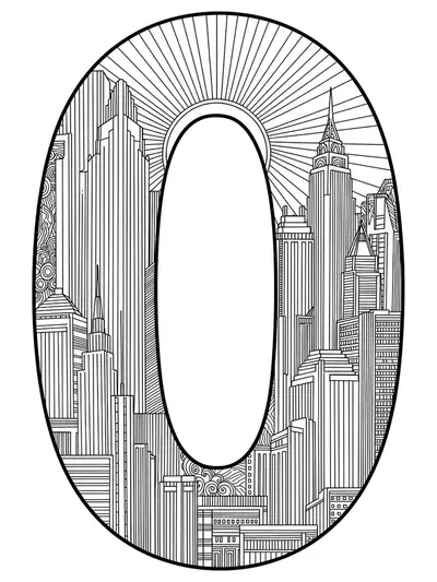 Letter O embedded in a complex Art Deco cityscape of skyscrapers, geometric patterns, and sunbursts, hard adult coloring page