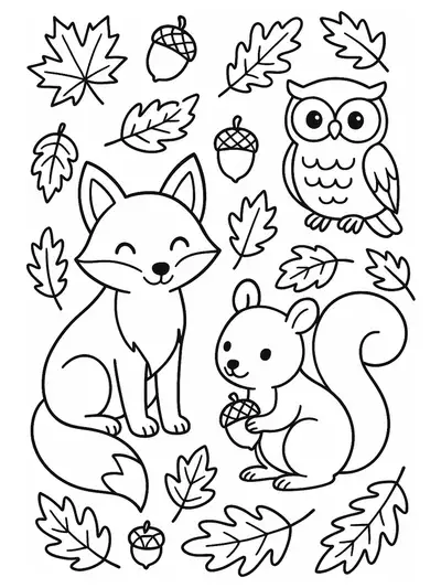 Simple line art of a fox, owl, and squirrel with fall leaves and acorns, easy for elementary kids to color.