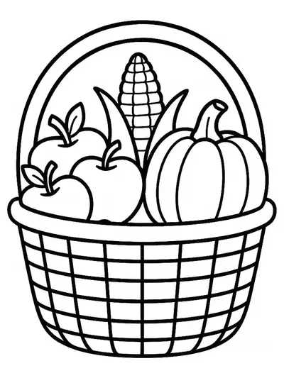 Harvest basket filled with apples, corn, and pumpkins, simple design