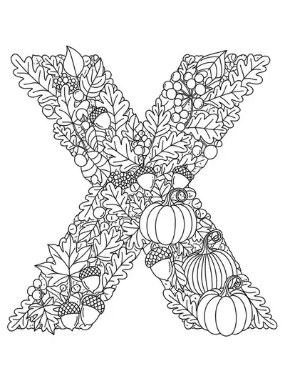 Letter X with swirling autumn leaves, acorns, and pumpkins, medium detail for children.