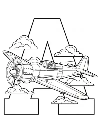 Letter A with a detailed airplane, clouds, and a pilot flying, medium detail