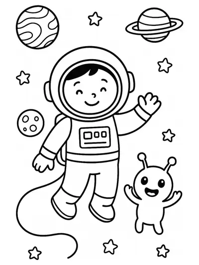 Easy coloring page of an astronaut, planets, and a friendly alien in space with clear outlines.