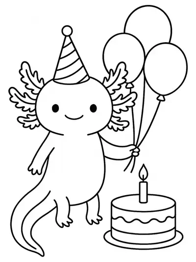 Outline of a cheerful axolotl with a party hat, cake, and balloons, preschool-friendly