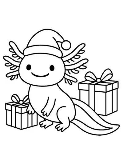 Simple outline of an axolotl with a Santa hat and gifts, easy for preschool coloring