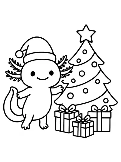 Easy Christmas axolotl coloring page with Santa hat, tree, and gifts.