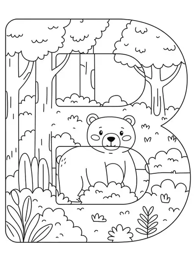 Letter B with a friendly bear in the woods, surrounded by trees and bushes, medium detail coloring page.