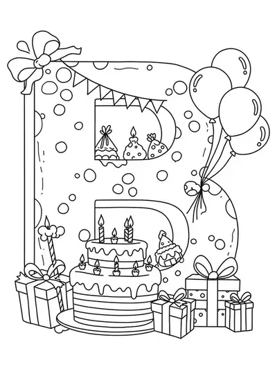 Letter B with birthday cake, balloons, and presents, medium complexity coloring page for preschool.