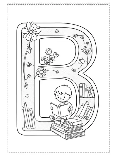 Letter B with a child reading books, stack of books, and reading nook scene, medium detail for preschool.