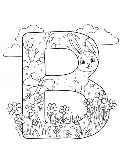Letter B with a bunny and spring flowers, clouds, and grass, medium detail preschool coloring page.