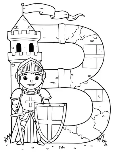 Letter B with a castle, brave knight, shield, and banner, medium detail preschool coloring page.