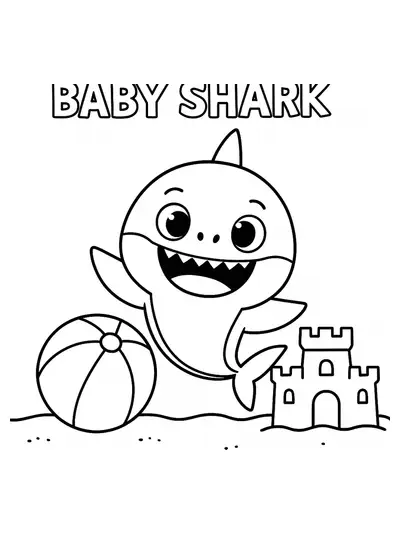 Baby Shark playing with a beach ball next to a sandcastle