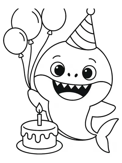 Baby Shark with a party hat, balloons, and a simple birthday cake