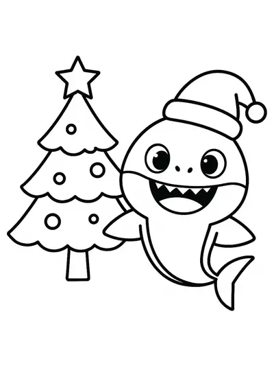 Baby Shark wearing a Santa hat next to a simple Christmas tree
