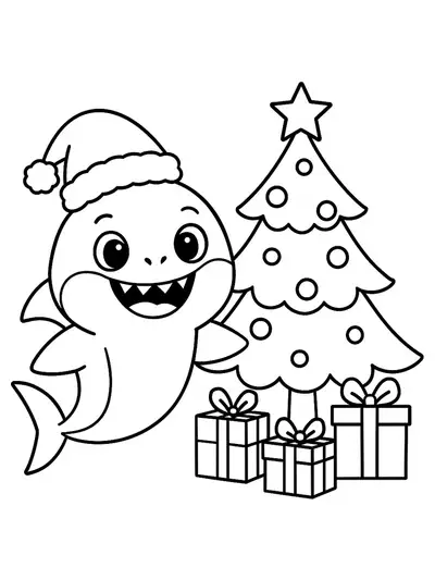 Baby Shark wearing a Santa hat beside a decorated Christmas tree and gift boxes