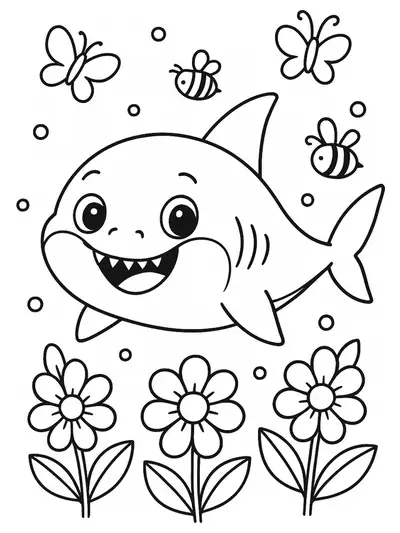 Baby Shark swimming with flowers, butterflies, and bees in a spring-themed scene