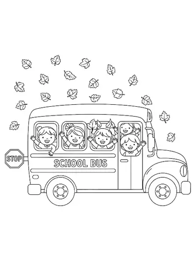 School bus with happy children and falling autumn leaves