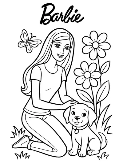 Barbie with a puppy in a garden, surrounded by large flowers and a butterfly, simple outlines.