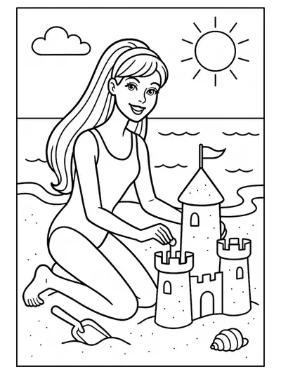 Barbie in a swimsuit building a sandcastle by the ocean, with simple outlines for children.