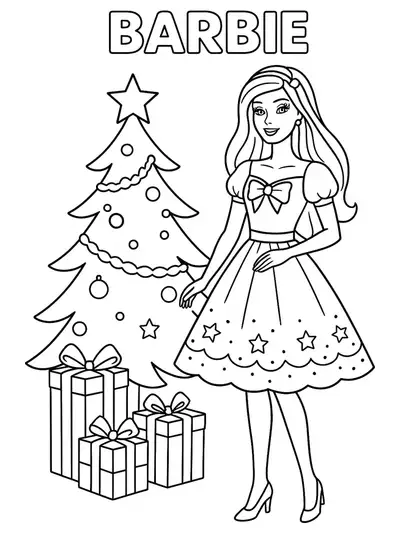 Barbie in a festive dress standing beside a Christmas tree with gifts, easy outlines for kids to color.