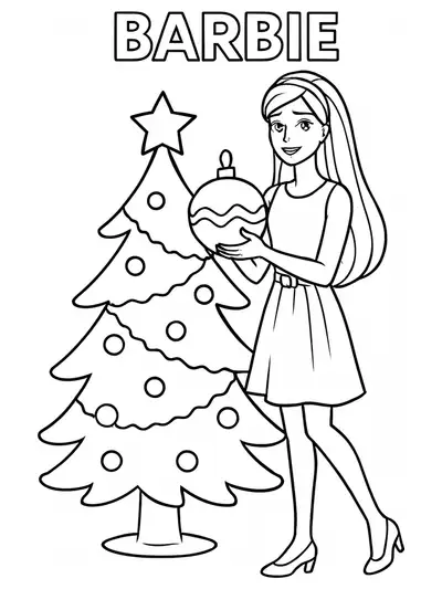 Barbie decorating a Christmas tree with ornaments and a star, easy outlines and large coloring spaces.