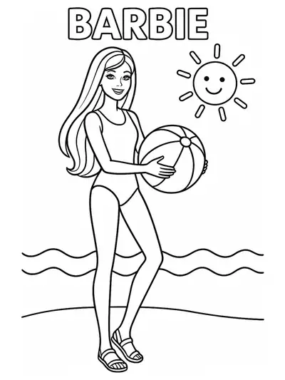 Barbie standing on a beach holding a beach ball, with the sun and simple waves in the background, easy outlines.