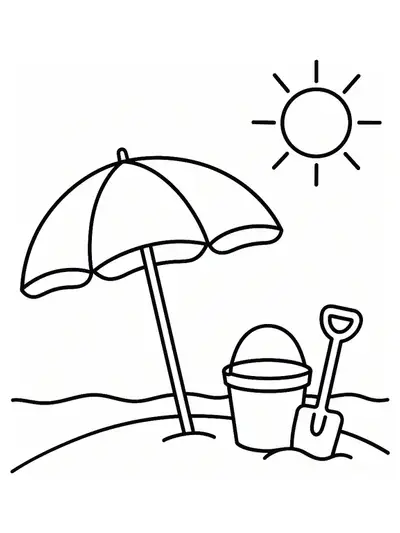 Easy coloring page of a beach scene with umbrella, sand bucket, and sun for kids