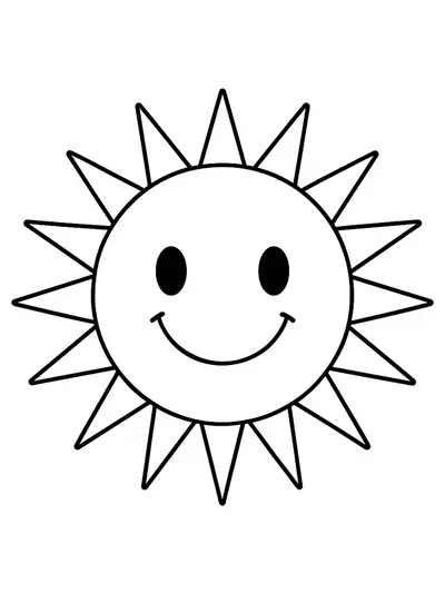 Large, simple outline of a smiling sun with rays, ideal for preschoolers to color.