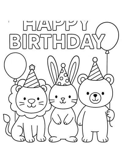 A lion, bunny, and bear wearing party hats, smiling and holding balloons, with 'Happy Birthday' text above them.