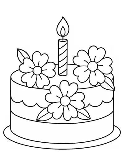 Easy outline of a birthday cake topped with large flowers for preschool coloring.
