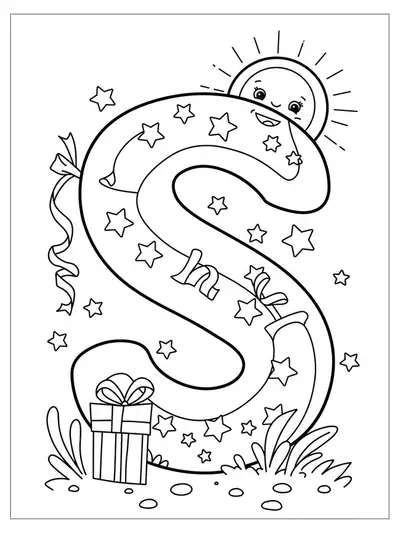 Coloring page with a big letter S, streamers, stars, and a smiling sun