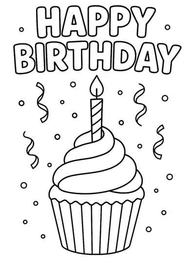 A large birthday cupcake with a candle, surrounded by confetti and the words 'Happy Birthday' in bubble letters.