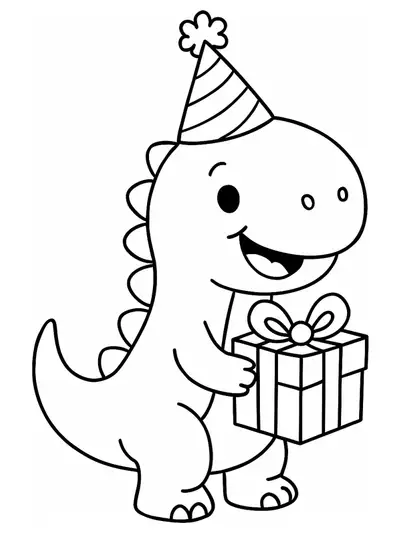 Simple coloring page with a smiling dinosaur in a party hat and birthday present, easy for preschoolers.