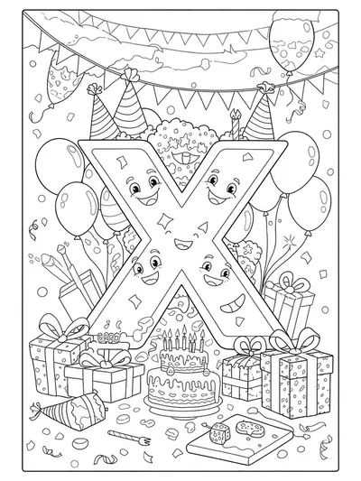 Letter X at a birthday party with detailed balloons, presents, cakes, and confetti for coloring