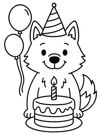 Simple coloring page with a smiling wolf wearing a party hat, balloons, and a cake, suitable for preschoolers.