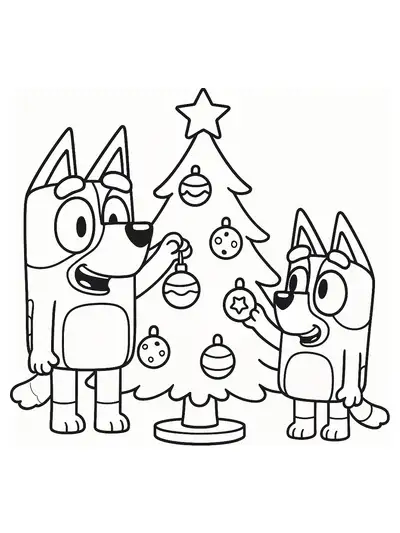 Bluey and Bingo decorating a Christmas tree with ornaments and a star.
