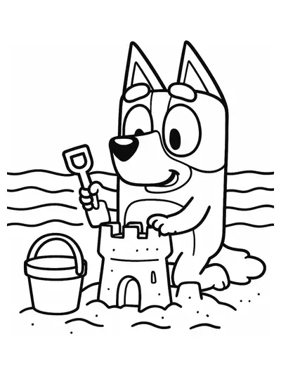 Bluey building a sandcastle at the beach with a pail and shovel, simple outlines.