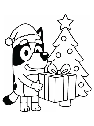 Bluey wearing a Santa hat and holding a present with a Christmas tree in the background, easy outlines for coloring.