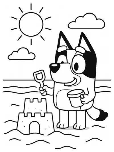 Bluey building a sandcastle at the beach with a bright sun overhead.