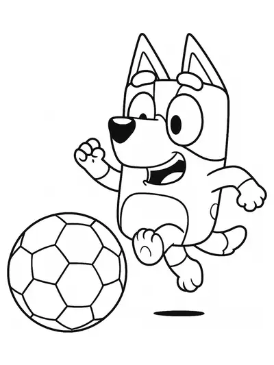 Bluey kicking a soccer ball on a field, simple and easy outlines.
