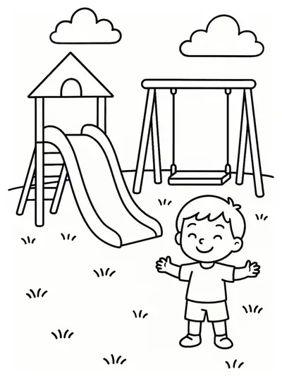 Coloring page of a playground with a slide, swing, and happy child for preschoolers.