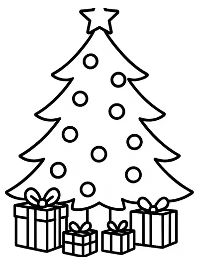 Simple coloring page of a large Christmas tree with ornaments and presents for preschoolers.