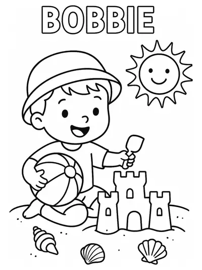 Bobbie at the beach building a sandcastle and playing with a beach ball, simple outlines for easy coloring